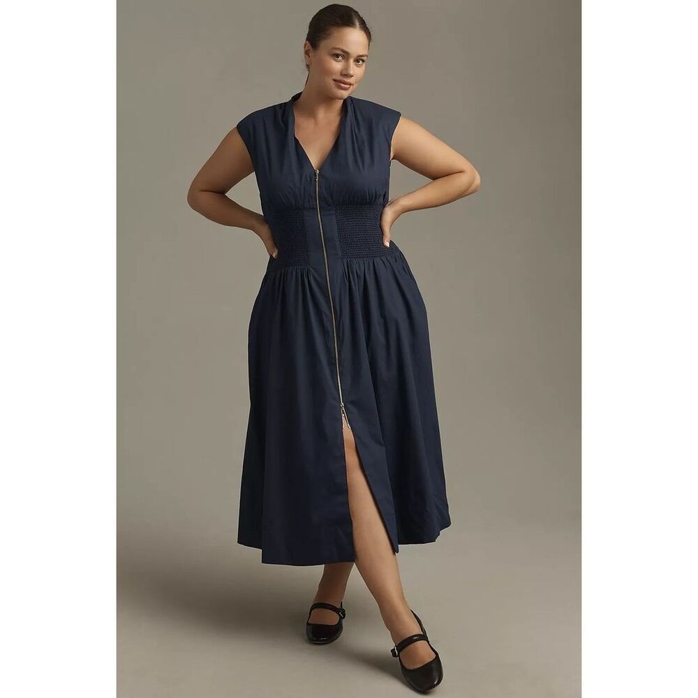 Anthropologie The Tommie Zip-Front Midi Dress Maeve Navy Small NWT - Picture 4 of 10
